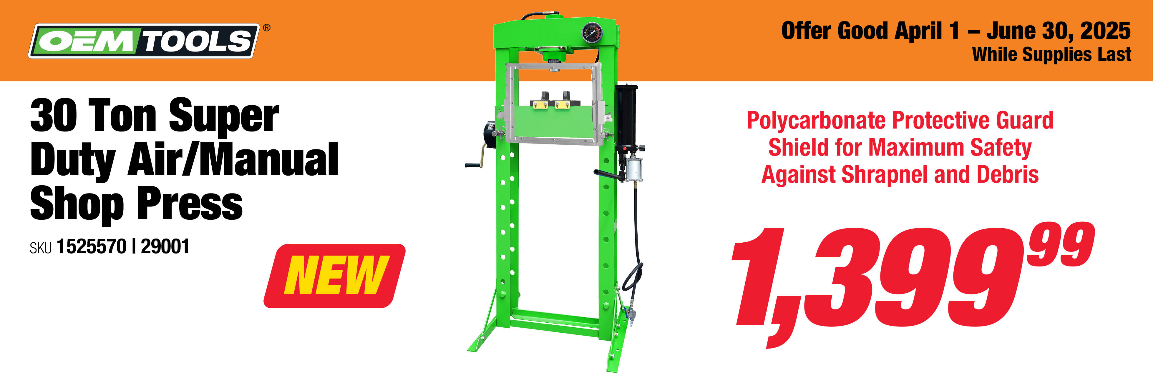 OEMTOOLS 29001 30 Ton Super Duty Air/Manual Shop Press