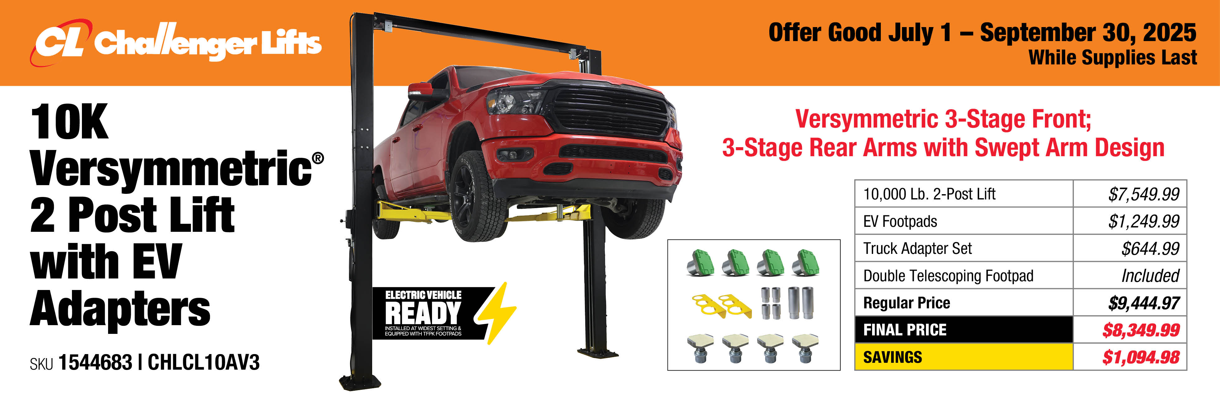 Challenger Lifts 10K Versymmetric 2 Post Lift with EV Adapters