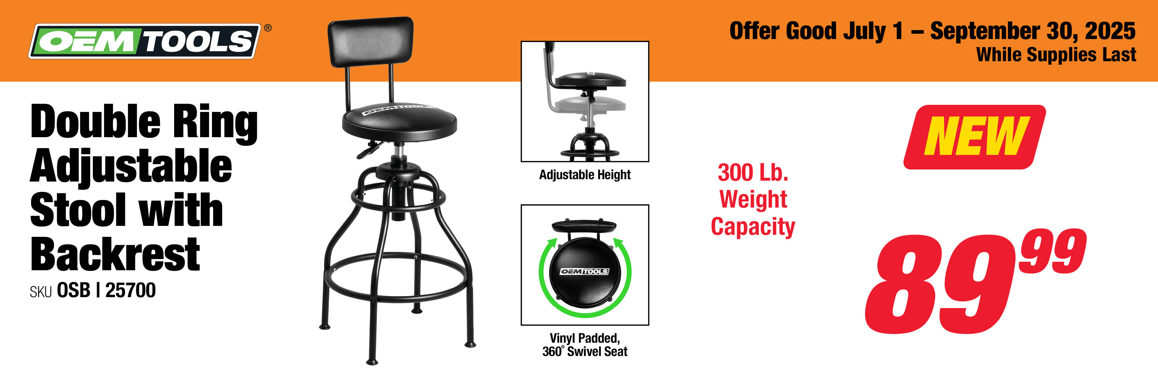 OEMTOOLS 25700 Double Ring Adjustable Stool with Backrest