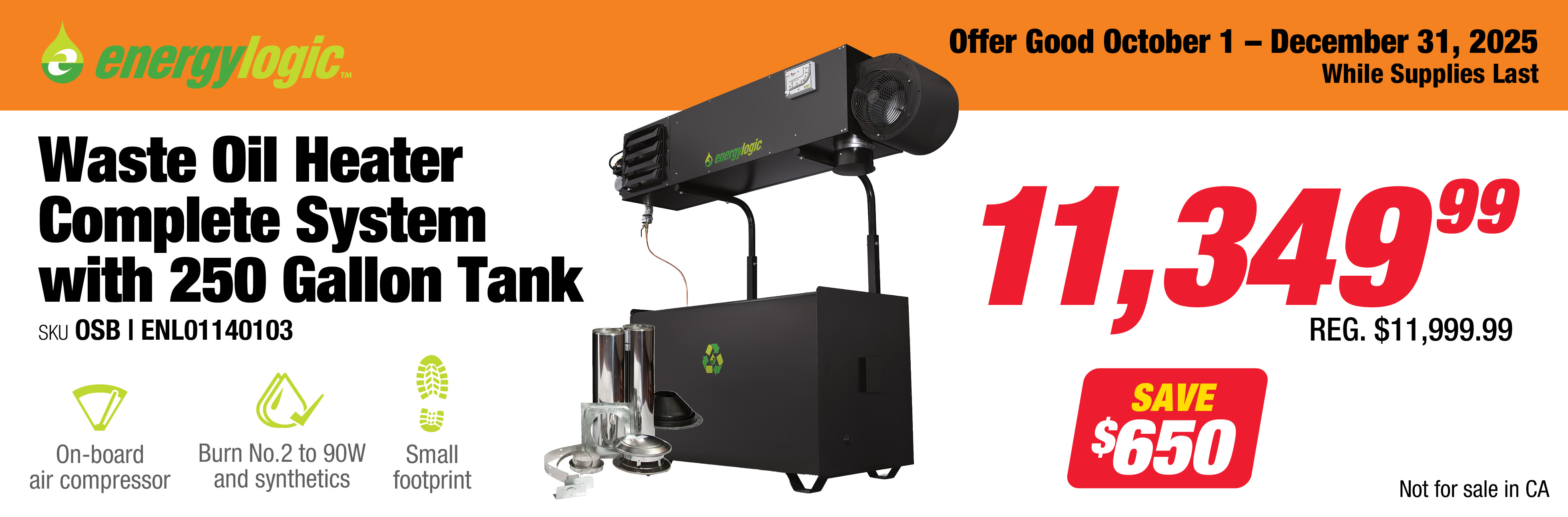EnergyLogic ENL01140103 Waste Oil Heater Complete System with 250 Gallon Tank