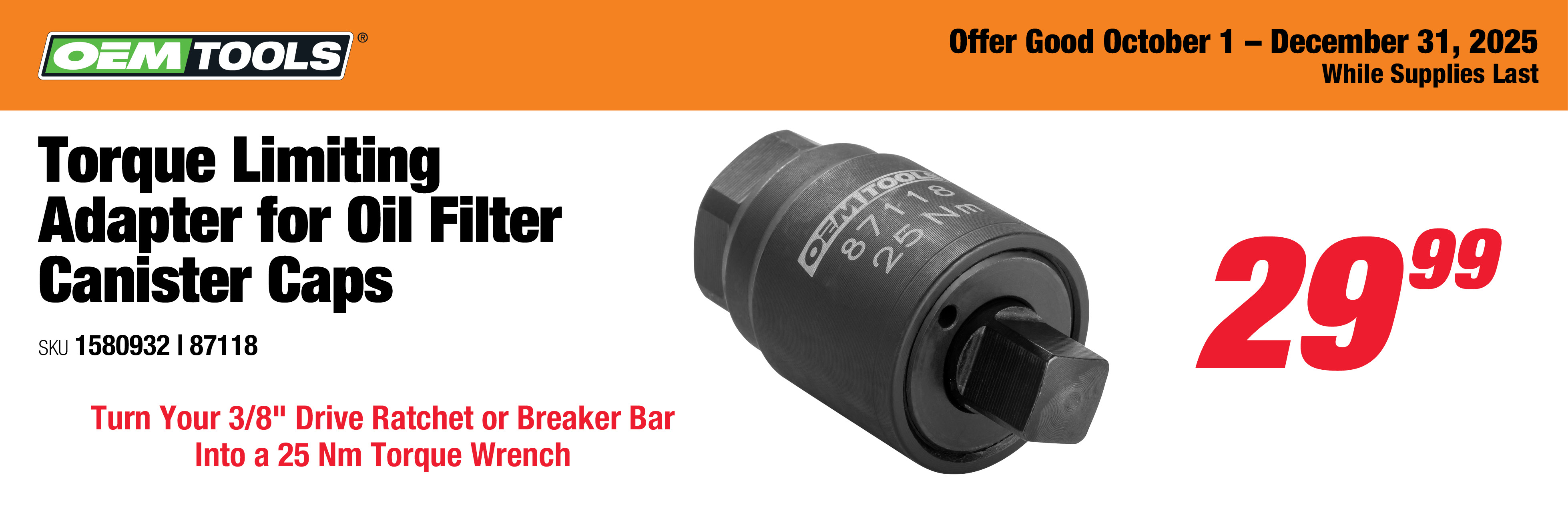 OEMTOOLS 87118 Torque Limiting Adapter for Oil Filter Canister Caps