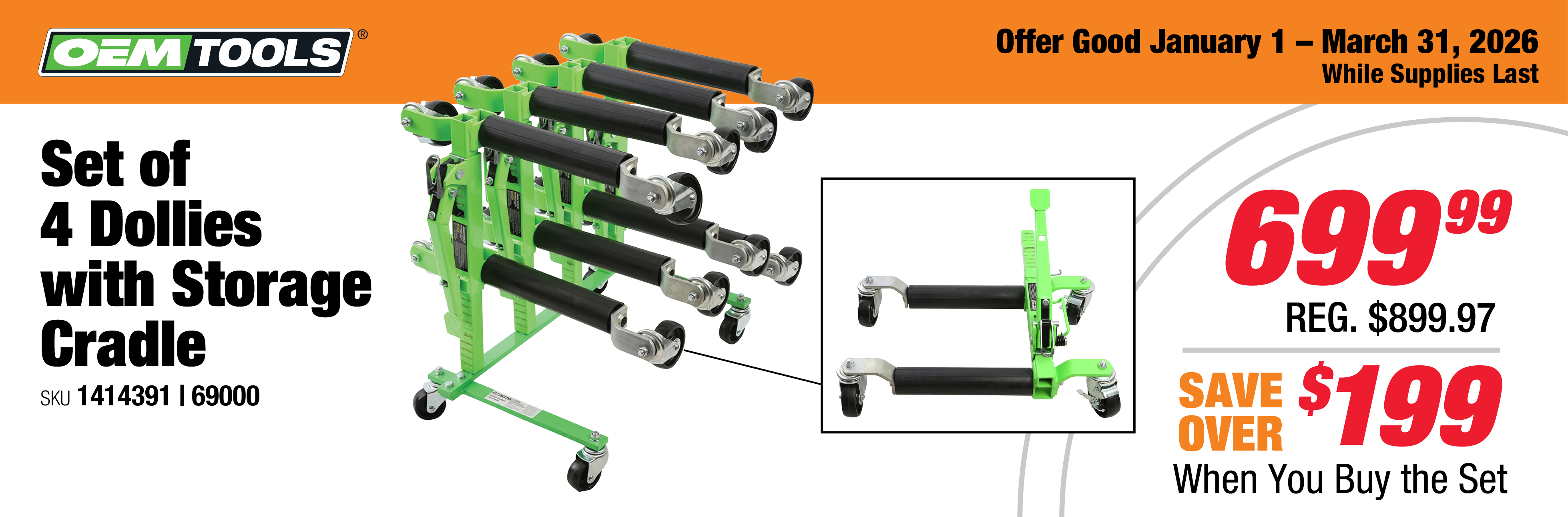 OEMTOOLS 69000 Set of 4 Dollies with Storage Cradle