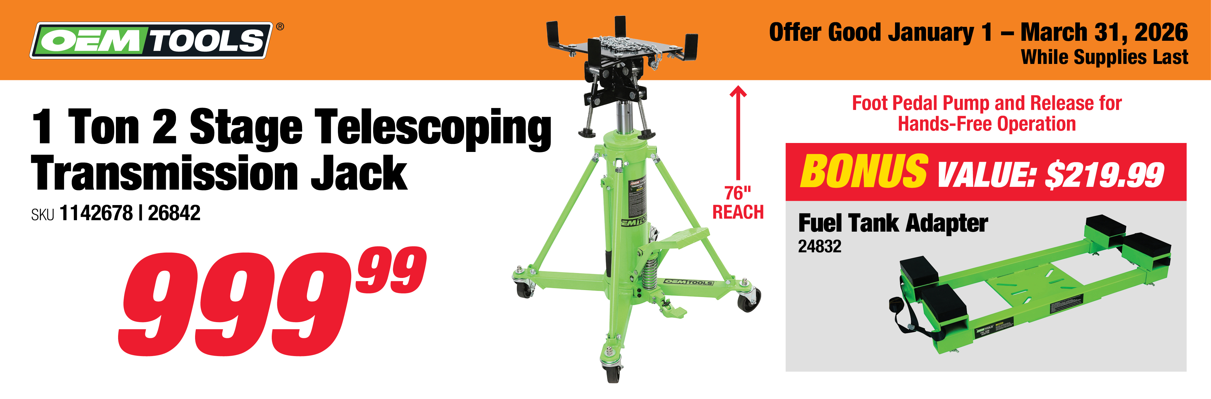 OEMTOOLS 26842 1 Ton 2 Stage Telescoping Transmission Jack