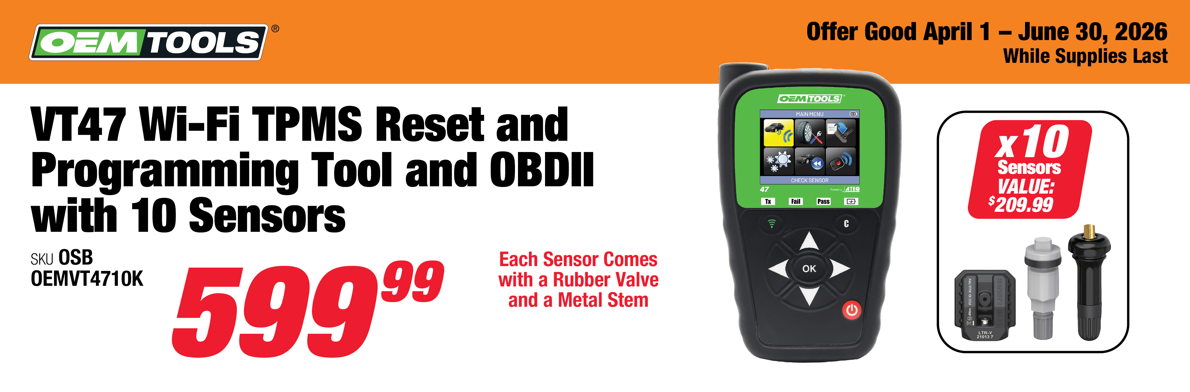 OEMTOOLS VT47 Wi-Fi TPMS Reset and Programming and OBDII Tool with 10 Sensors