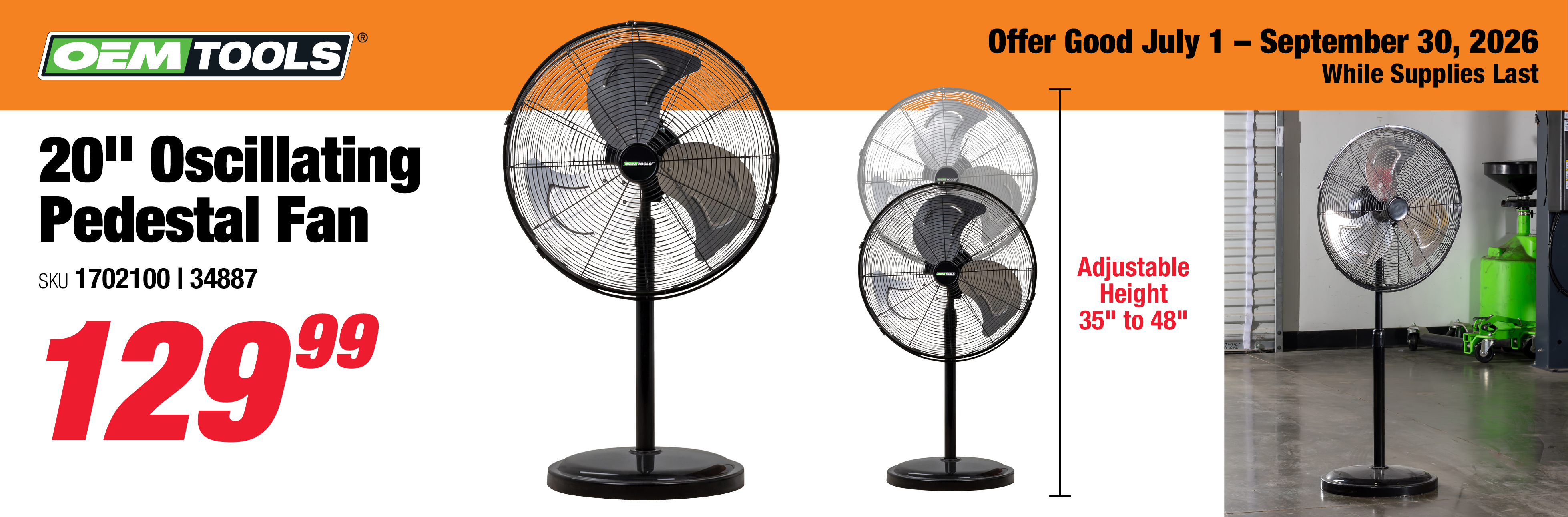 OEMTOOLS 34887 20 Inch Oscillating Pedestal Fan