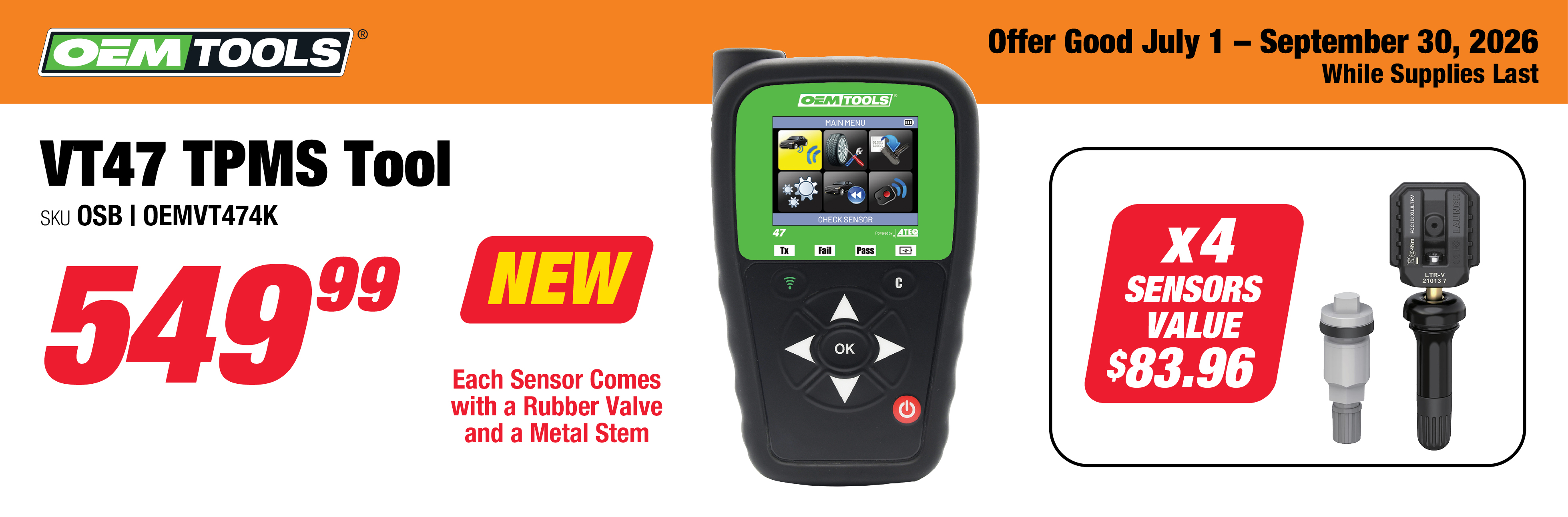 OEMTOOLS VT47 TPMS Tool with 4 TPMS Sensors
