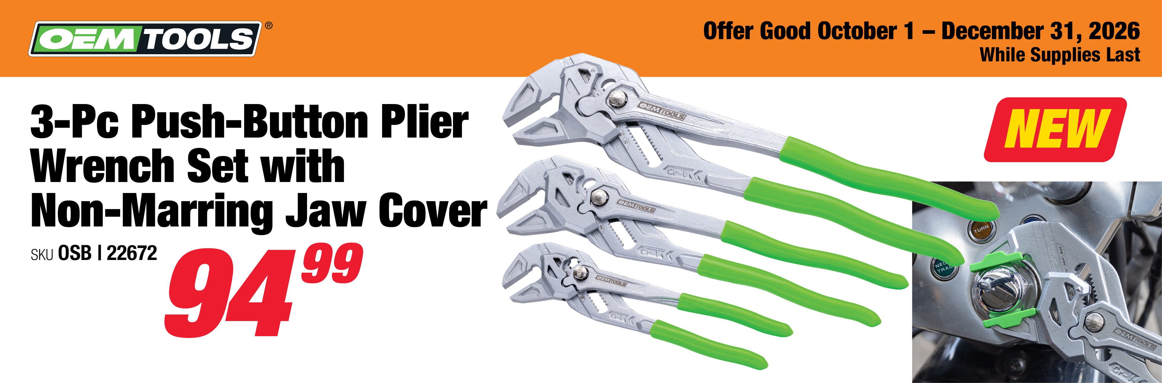 OEMTOOLS 22672 3-Pc Push-Button Plier Wrench Set with Non-Marring Jaw Cover